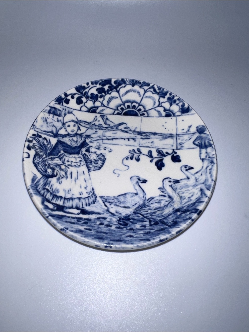 Delft decorative mini plate features Dutch girl and geese by Boch Belgium